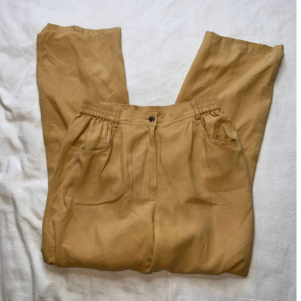Diane Gilman Pleated Silk Khaki Pants- S